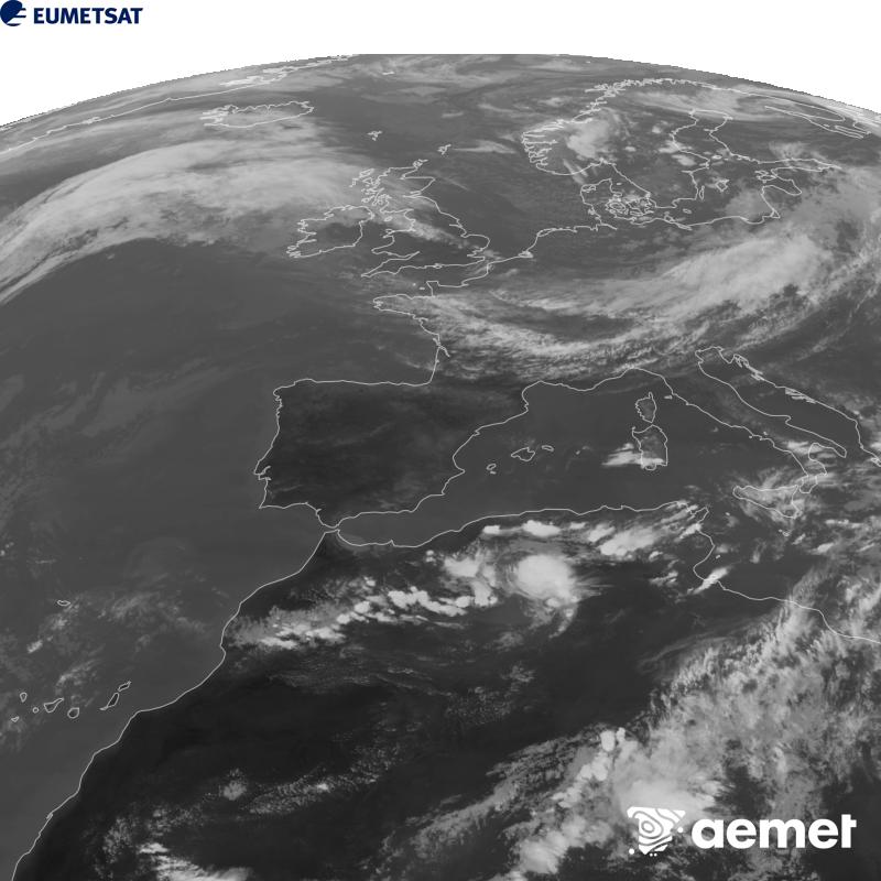 Esta imaxe x�rase utilizando informaci�n da canle Infravermella 10.5 �m do sat�lite METEOSAT-12, pertencente � terceira xeraci�n de sat�lites Meteosat (MTG). Para que a imaxe se asemelle m�is � percepci�n do ollo humano, a escala de grises est� investida. As horas indicadas ref�rense � pen�nsula (unha hora menos nas Illas Canarias).&nbsp;domingo, 20 setembro  2026 18:00