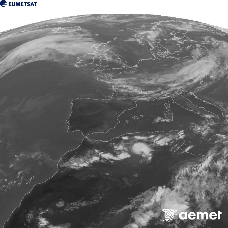 Esta imaxe x�rase utilizando informaci�n da canle Infravermella 10.5 �m do sat�lite METEOSAT-12, pertencente � terceira xeraci�n de sat�lites Meteosat (MTG). Para que a imaxe se asemelle m�is � percepci�n do ollo humano, a escala de grises est� investida. As horas indicadas ref�rense � pen�nsula (unha hora menos nas Illas Canarias).&nbsp;domingo, 20 setembro  2026 19:00