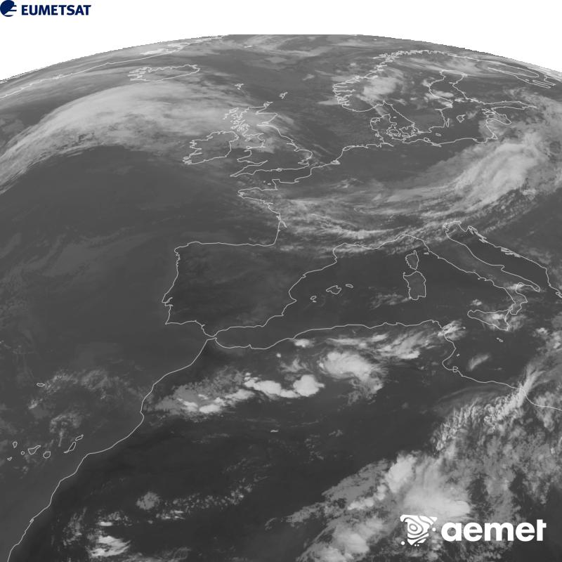 Esta imaxe x�rase utilizando informaci�n da canle Infravermella 10.5 �m do sat�lite METEOSAT-12, pertencente � terceira xeraci�n de sat�lites Meteosat (MTG). Para que a imaxe se asemelle m�is � percepci�n do ollo humano, a escala de grises est� investida. As horas indicadas ref�rense � pen�nsula (unha hora menos nas Illas Canarias).&nbsp;domingo, 20 setembro  2026 20:00