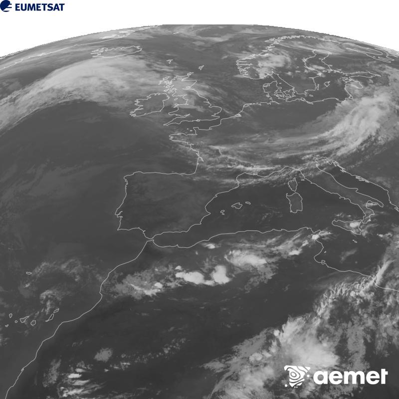 Esta imaxe x�rase utilizando informaci�n da canle Infravermella 10.5 �m do sat�lite METEOSAT-12, pertencente � terceira xeraci�n de sat�lites Meteosat (MTG). Para que a imaxe se asemelle m�is � percepci�n do ollo humano, a escala de grises est� investida. As horas indicadas ref�rense � pen�nsula (unha hora menos nas Illas Canarias).&nbsp;domingo, 20 setembro  2026 21:00