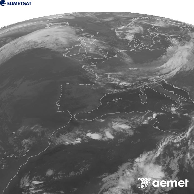 Esta imaxe x�rase utilizando informaci�n da canle Infravermella 10.5 �m do sat�lite METEOSAT-12, pertencente � terceira xeraci�n de sat�lites Meteosat (MTG). Para que a imaxe se asemelle m�is � percepci�n do ollo humano, a escala de grises est� investida. As horas indicadas ref�rense � pen�nsula (unha hora menos nas Illas Canarias).&nbsp;domingo, 20 setembro  2026 22:00