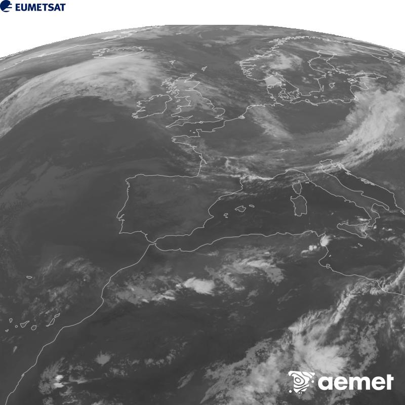 Esta imaxe x�rase utilizando informaci�n da canle Infravermella 10.5 �m do sat�lite METEOSAT-12, pertencente � terceira xeraci�n de sat�lites Meteosat (MTG). Para que a imaxe se asemelle m�is � percepci�n do ollo humano, a escala de grises est� investida. As horas indicadas ref�rense � pen�nsula (unha hora menos nas Illas Canarias).&nbsp;domingo, 20 setembro  2026 23:00