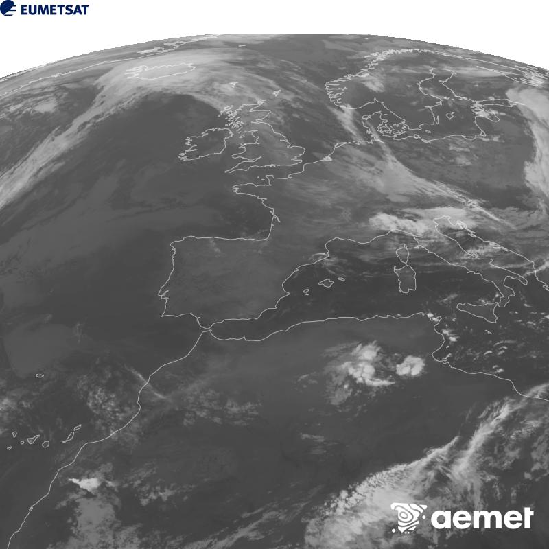 Esta imaxe x�rase utilizando informaci�n da canle Infravermella 10.5 �m do sat�lite METEOSAT-12, pertencente � terceira xeraci�n de sat�lites Meteosat (MTG). Para que a imaxe se asemelle m�is � percepci�n do ollo humano, a escala de grises est� investida. As horas indicadas ref�rense � pen�nsula (unha hora menos nas Illas Canarias).&nbsp;luns, 21 setembro  2026 08:00