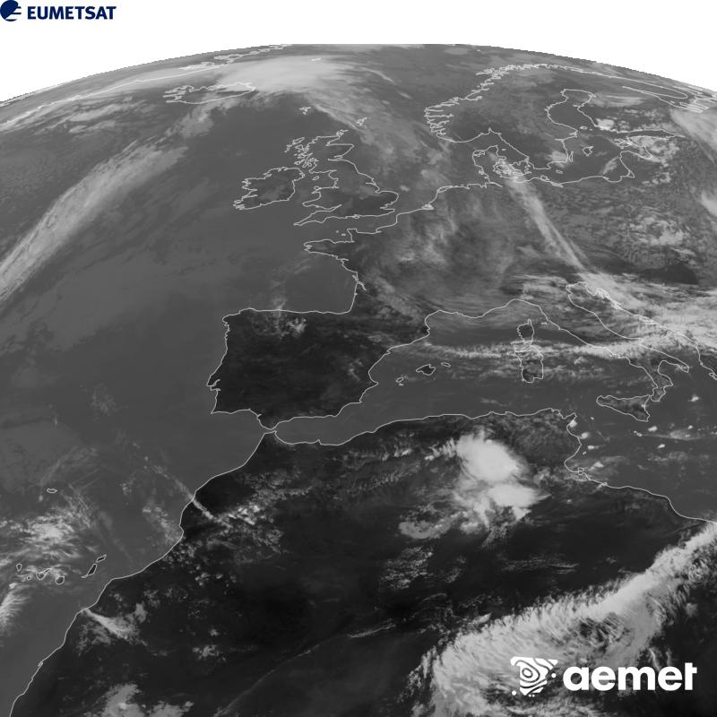 Esta imaxe x�rase utilizando informaci�n da canle Infravermella 10.5 �m do sat�lite METEOSAT-12, pertencente � terceira xeraci�n de sat�lites Meteosat (MTG). Para que a imaxe se asemelle m�is � percepci�n do ollo humano, a escala de grises est� investida. As horas indicadas ref�rense � pen�nsula (unha hora menos nas Illas Canarias).&nbsp;luns, 21 setembro  2026 14:00