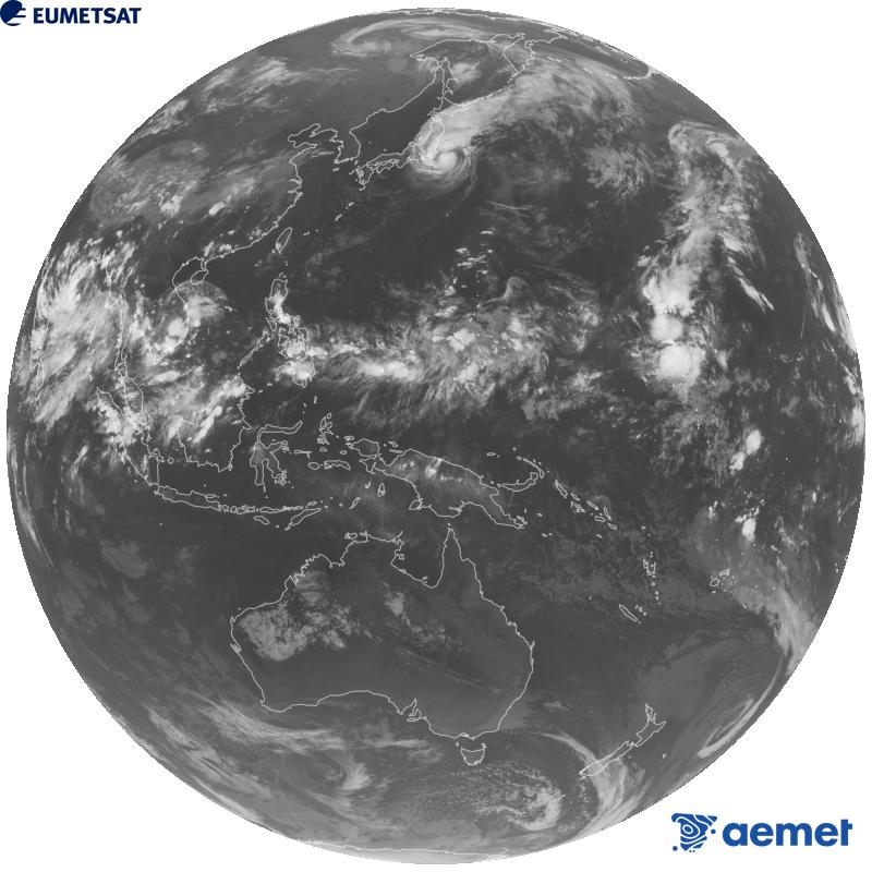 Imatge global del canal infraroig (longitud d'ona 10.4 �m) del sat�l�lit geoestacionari japon�s Himawari-9. Les hores indicades es refereixen a la pen�nsula (una hora menys a les Illes Can�ries).&nbsp;dilluns, 21 de setembre  2026 14:00