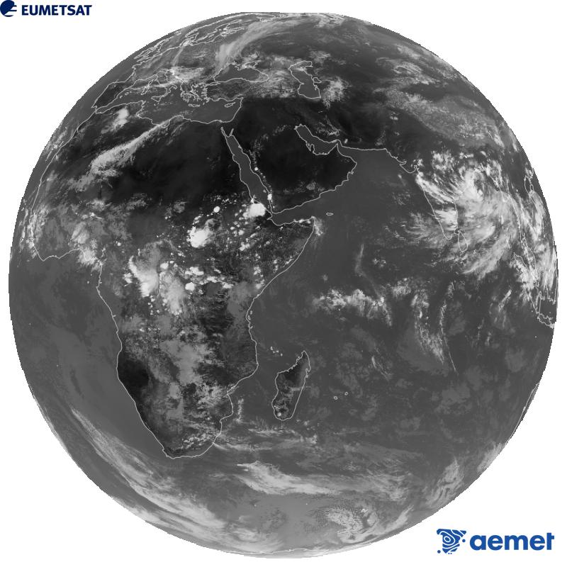 Meteosat-9 satelite geoestazionarioaren kanal infragorriaren irudi globala (10.8 �m uhin-luzera), Meteosat sateliteen bigarren belaunaldikoa. Ordu horiek penintsulari dagozkio (ordubete gutxiago Kanariar Uharteetan).&nbsp;astelehena, 2026ko irailak 21, ordua: 14:00