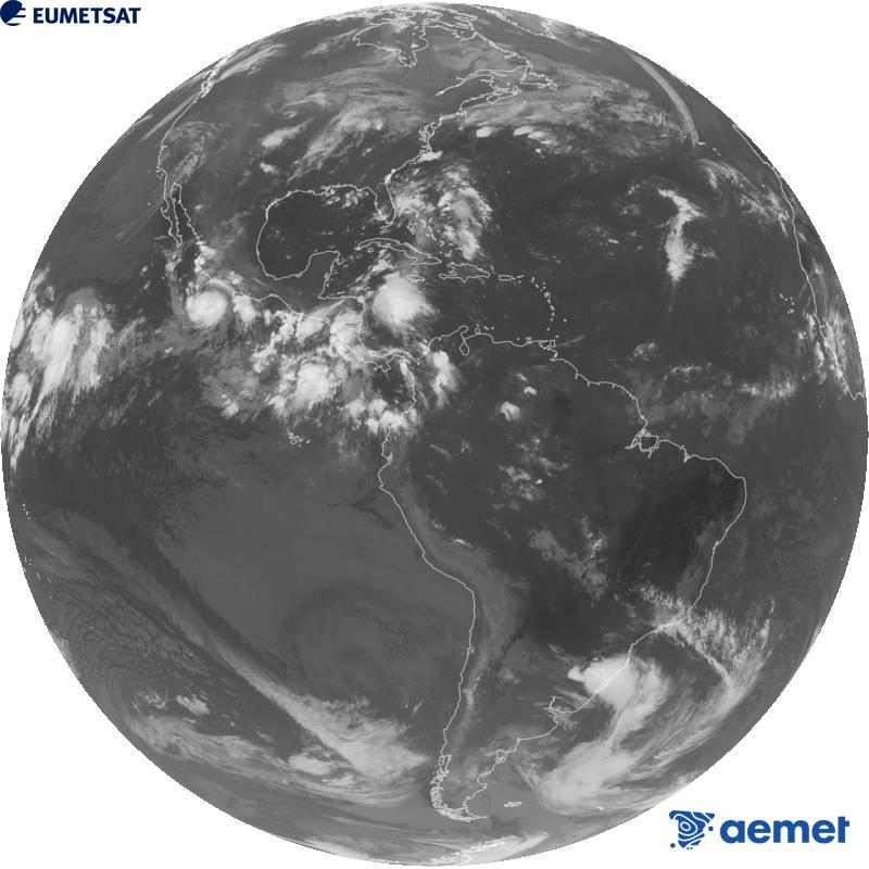 Imatge global del canal infraroig (longitud d'ona 10.3 �m) del sat�l�lit geoestacionari estatunidenc GOES-19. Les hores indicades es refereixen a la pen�nsula (una hora menys a les Illes Can�ries).&nbsp;dilluns, 21 de setembre  2026 14:00