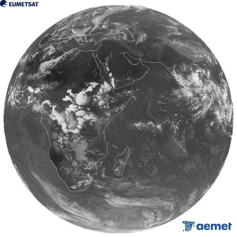 Meteosat-9 satelite geoestazionarioaren kanal infragorriaren irudi globala (10.8 �m uhin-luzera), Meteosat sateliteen bigarren belaunaldikoa. Ordu horiek penintsulari dagozkio (ordubete gutxiago Kanariar Uharteetan).&nbsp;astelehena, 2026ko irailak 21, ordua: 17:00