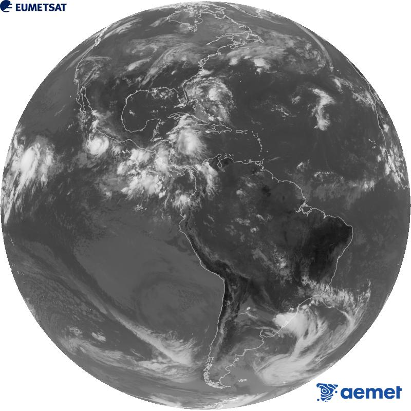 Imatge global del canal infraroig (longitud d'ona 10.3 �m) del sat�l�lit geoestacionari estatunidenc GOES-19. Les hores indicades es refereixen a la pen�nsula (una hora menys a les Illes Can�ries).&nbsp;dilluns, 21 de setembre  2026 17:00