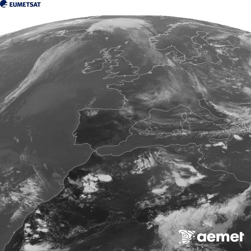 Esta imaxe x�rase utilizando informaci�n da canle Infravermella 10.5 �m do sat�lite METEOSAT-12, pertencente � terceira xeraci�n de sat�lites Meteosat (MTG). Para que a imaxe se asemelle m�is � percepci�n do ollo humano, a escala de grises est� investida. As horas indicadas ref�rense � pen�nsula (unha hora menos nas Illas Canarias).&nbsp;luns, 21 setembro  2026 18:00