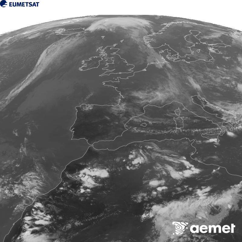 Esta imaxe x�rase utilizando informaci�n da canle Infravermella 10.5 �m do sat�lite METEOSAT-12, pertencente � terceira xeraci�n de sat�lites Meteosat (MTG). Para que a imaxe se asemelle m�is � percepci�n do ollo humano, a escala de grises est� investida. As horas indicadas ref�rense � pen�nsula (unha hora menos nas Illas Canarias).&nbsp;luns, 21 setembro  2026 19:00