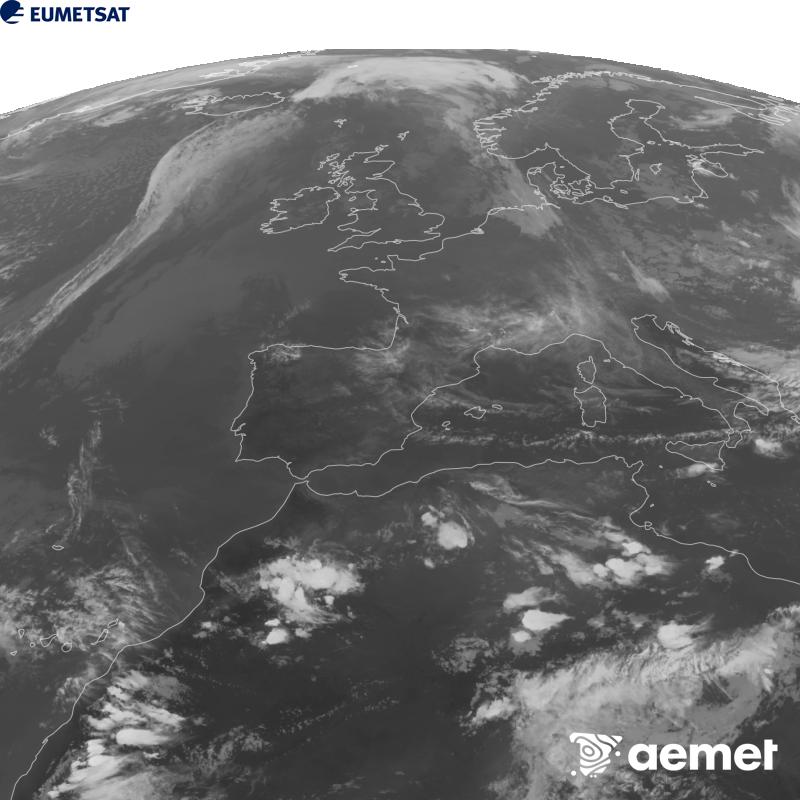 Esta imaxe x�rase utilizando informaci�n da canle Infravermella 10.5 �m do sat�lite METEOSAT-12, pertencente � terceira xeraci�n de sat�lites Meteosat (MTG). Para que a imaxe se asemelle m�is � percepci�n do ollo humano, a escala de grises est� investida. As horas indicadas ref�rense � pen�nsula (unha hora menos nas Illas Canarias).&nbsp;luns, 21 setembro  2026 20:00