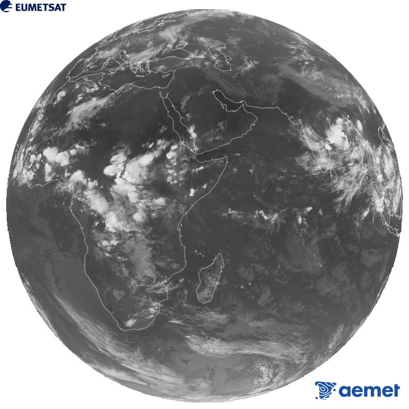 Meteosat-9 satelite geoestazionarioaren kanal infragorriaren irudi globala (10.8 �m uhin-luzera), Meteosat sateliteen bigarren belaunaldikoa. Ordu horiek penintsulari dagozkio (ordubete gutxiago Kanariar Uharteetan).&nbsp;astelehena, 2026ko irailak 21, ordua: 20:00
