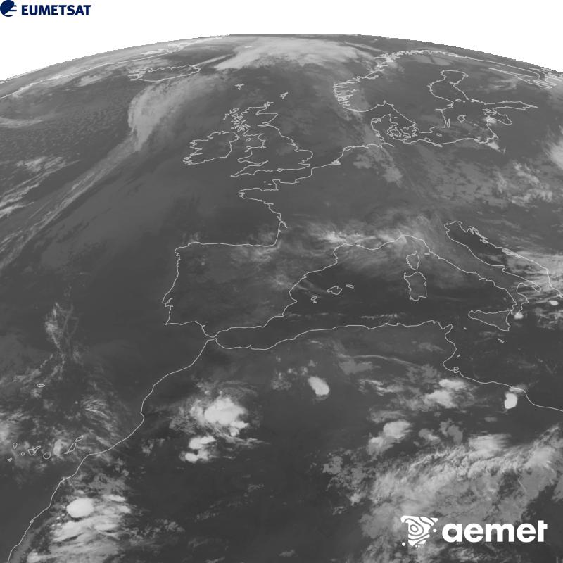 Esta imaxe x�rase utilizando informaci�n da canle Infravermella 10.5 �m do sat�lite METEOSAT-12, pertencente � terceira xeraci�n de sat�lites Meteosat (MTG). Para que a imaxe se asemelle m�is � percepci�n do ollo humano, a escala de grises est� investida. As horas indicadas ref�rense � pen�nsula (unha hora menos nas Illas Canarias).&nbsp;luns, 21 setembro  2026 22:00