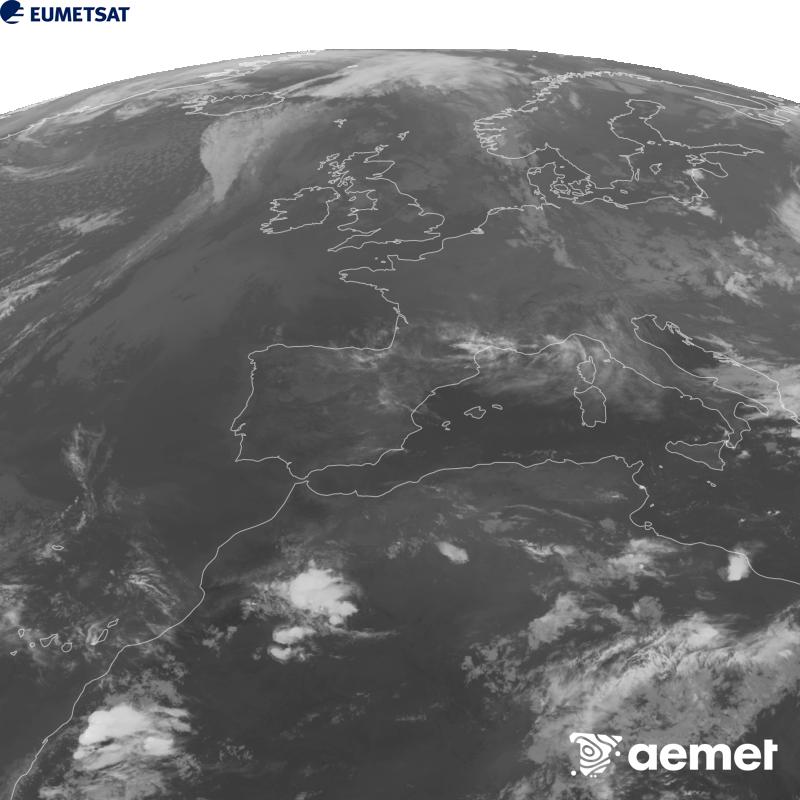 Esta imaxe x�rase utilizando informaci�n da canle Infravermella 10.5 �m do sat�lite METEOSAT-12, pertencente � terceira xeraci�n de sat�lites Meteosat (MTG). Para que a imaxe se asemelle m�is � percepci�n do ollo humano, a escala de grises est� investida. As horas indicadas ref�rense � pen�nsula (unha hora menos nas Illas Canarias).&nbsp;luns, 21 setembro  2026 23:00