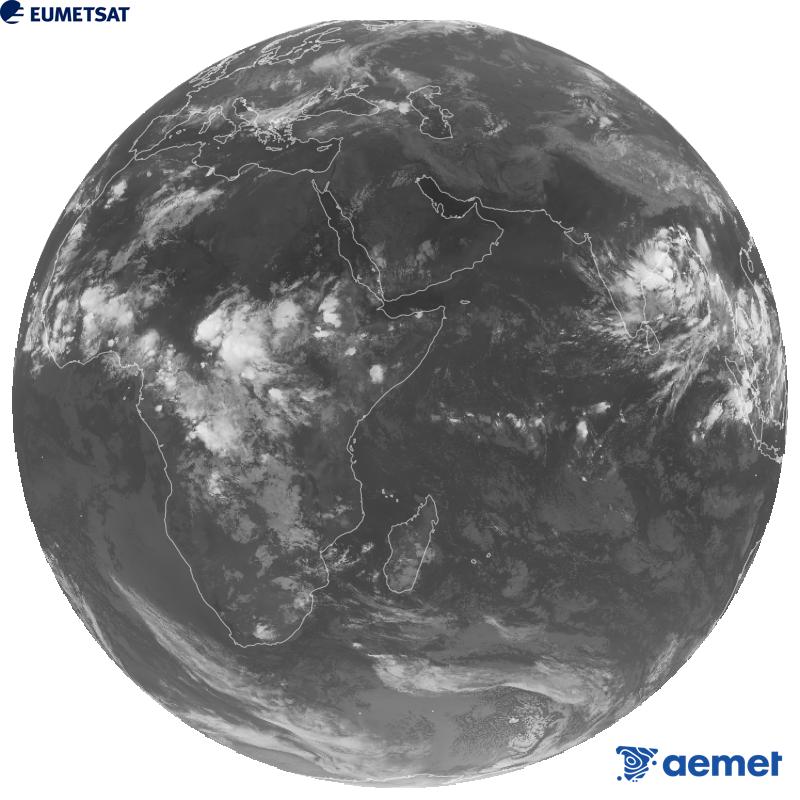 Meteosat-9 satelite geoestazionarioaren kanal infragorriaren irudi globala (10.8 �m uhin-luzera), Meteosat sateliteen bigarren belaunaldikoa. Ordu horiek penintsulari dagozkio (ordubete gutxiago Kanariar Uharteetan).&nbsp;astelehena, 2026ko irailak 21, ordua: 23:00
