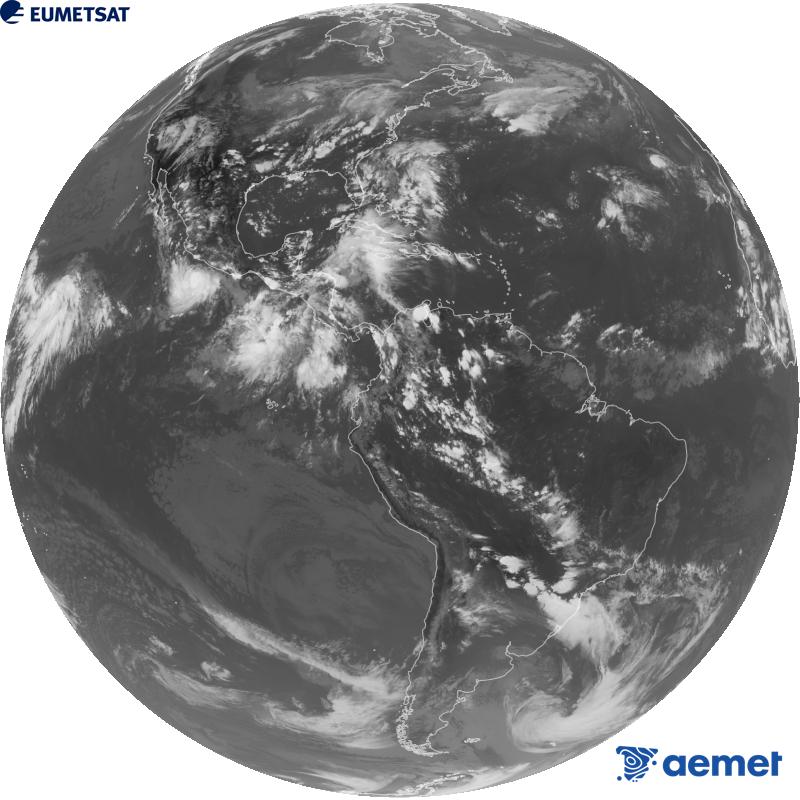 Imatge global del canal infraroig (longitud d'ona 10.3 �m) del sat�l�lit geoestacionari estatunidenc GOES-19. Les hores indicades es refereixen a la pen�nsula (una hora menys a les Illes Can�ries).&nbsp;dilluns, 21 de setembre  2026 23:00