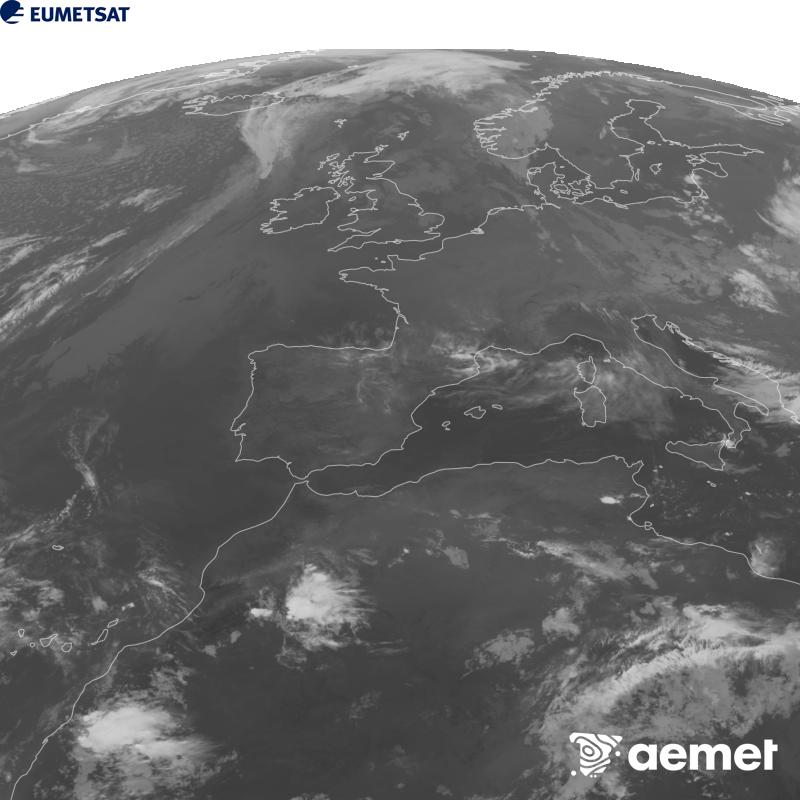 Esta imaxe x�rase utilizando informaci�n da canle Infravermella 10.5 �m do sat�lite METEOSAT-12, pertencente � terceira xeraci�n de sat�lites Meteosat (MTG). Para que a imaxe se asemelle m�is � percepci�n do ollo humano, a escala de grises est� investida. As horas indicadas ref�rense � pen�nsula (unha hora menos nas Illas Canarias).&nbsp;martes, 22 setembro  2026 01:00