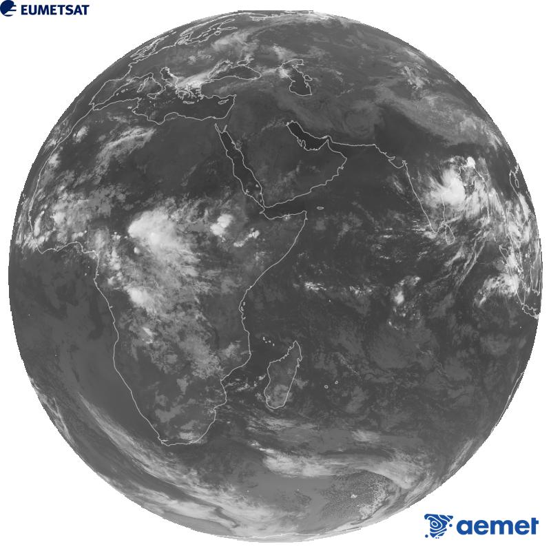 Meteosat-9 satelite geoestazionarioaren kanal infragorriaren irudi globala (10.8 �m uhin-luzera), Meteosat sateliteen bigarren belaunaldikoa. Ordu horiek penintsulari dagozkio (ordubete gutxiago Kanariar Uharteetan).&nbsp;asteartea, 2026ko irailak 22, ordua: 02:00