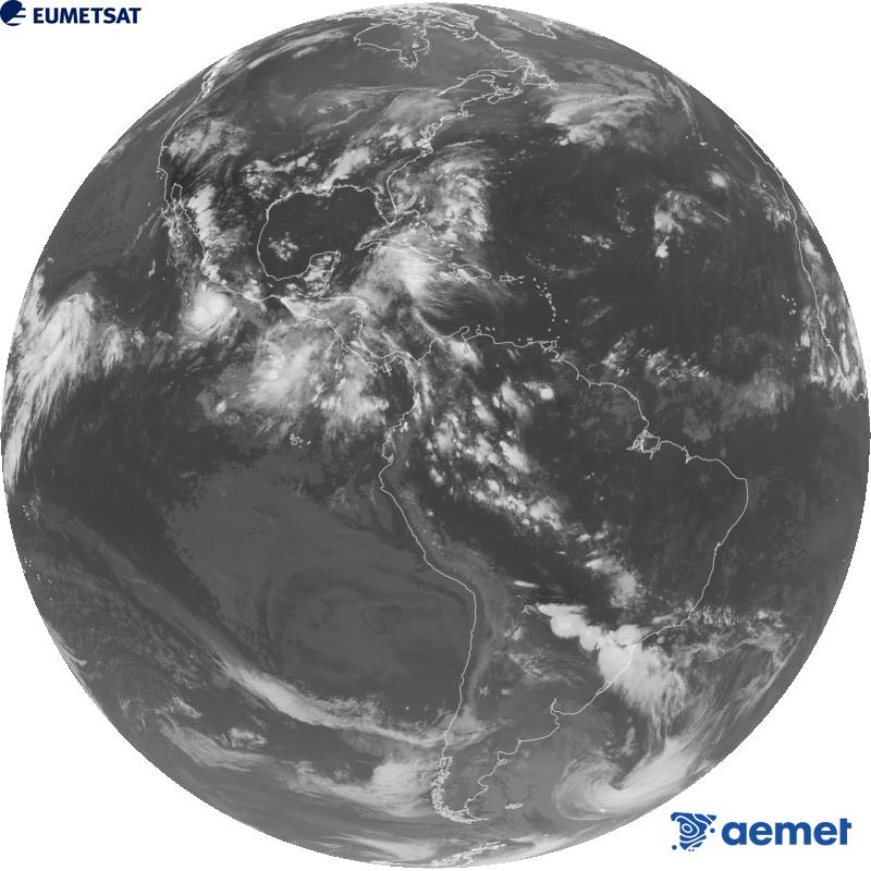 Imatge global del canal infraroig (longitud d'ona 10.3 �m) del sat�l�lit geoestacionari estatunidenc GOES-19. Les hores indicades es refereixen a la pen�nsula (una hora menys a les Illes Can�ries).&nbsp;dimarts, 22 de setembre  2026 02:00