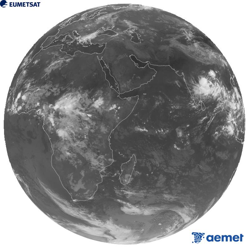 Meteosat-9 satelite geoestazionarioaren kanal infragorriaren irudi globala (10.8 �m uhin-luzera), Meteosat sateliteen bigarren belaunaldikoa. Ordu horiek penintsulari dagozkio (ordubete gutxiago Kanariar Uharteetan).&nbsp;asteartea, 2026ko irailak 22, ordua: 05:00