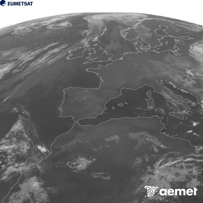 Esta imaxe x�rase utilizando informaci�n da canle Infravermella 10.5 �m do sat�lite METEOSAT-12, pertencente � terceira xeraci�n de sat�lites Meteosat (MTG). Para que a imaxe se asemelle m�is � percepci�n do ollo humano, a escala de grises est� investida. As horas indicadas ref�rense � pen�nsula (unha hora menos nas Illas Canarias).&nbsp;martes, 22 setembro  2026 08:00