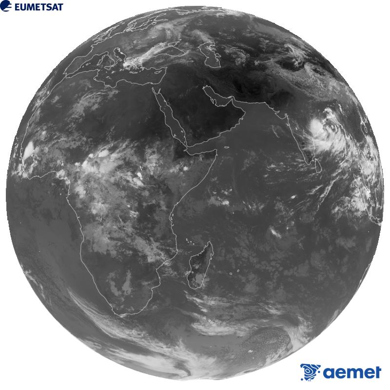 Meteosat-9 satelite geoestazionarioaren kanal infragorriaren irudi globala (10.8 �m uhin-luzera), Meteosat sateliteen bigarren belaunaldikoa. Ordu horiek penintsulari dagozkio (ordubete gutxiago Kanariar Uharteetan).&nbsp;asteartea, 2026ko irailak 22, ordua: 08:00