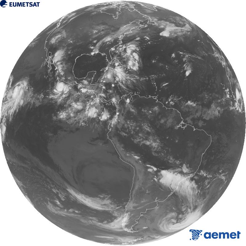 Imatge global del canal infraroig (longitud d'ona 10.3 �m) del sat�l�lit geoestacionari estatunidenc GOES-19. Les hores indicades es refereixen a la pen�nsula (una hora menys a les Illes Can�ries).&nbsp;dimarts, 22 de setembre  2026 08:00