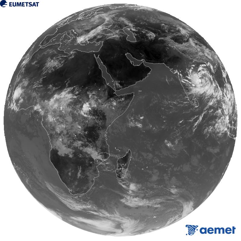Meteosat-9 satelite geoestazionarioaren kanal infragorriaren irudi globala (10.8 �m uhin-luzera), Meteosat sateliteen bigarren belaunaldikoa. Ordu horiek penintsulari dagozkio (ordubete gutxiago Kanariar Uharteetan).&nbsp;asteartea, 2026ko irailak 22, ordua: 11:00
