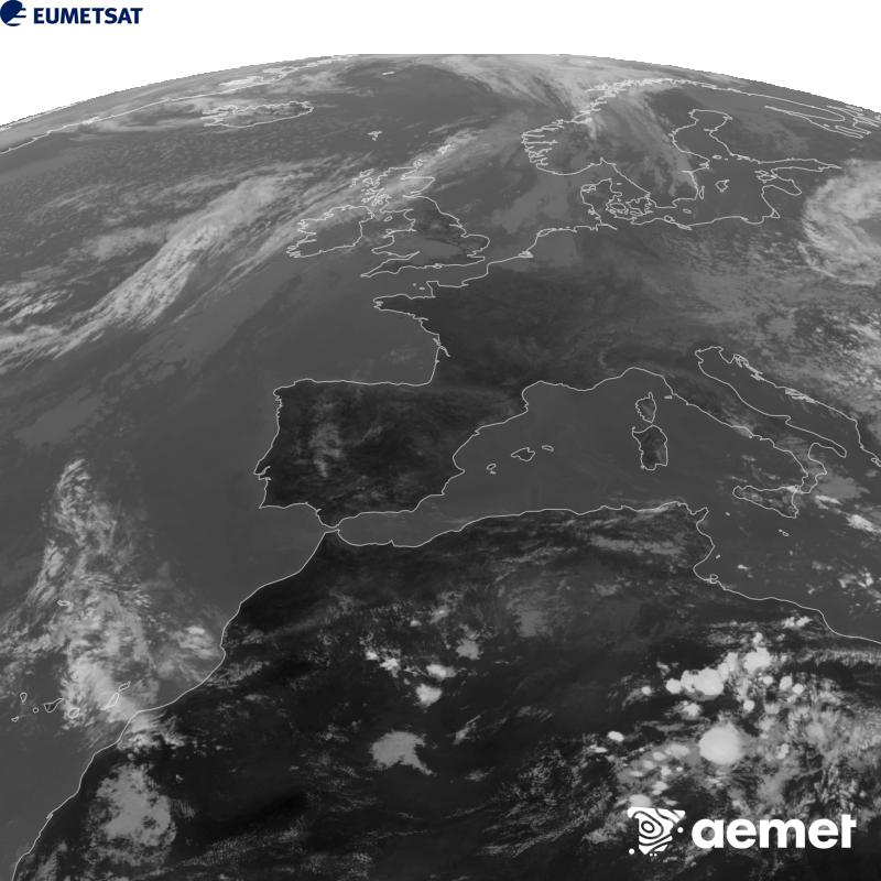 Esta imaxe x�rase utilizando informaci�n da canle Infravermella 10.5 �m do sat�lite METEOSAT-12, pertencente � terceira xeraci�n de sat�lites Meteosat (MTG). Para que a imaxe se asemelle m�is � percepci�n do ollo humano, a escala de grises est� investida. As horas indicadas ref�rense � pen�nsula (unha hora menos nas Illas Canarias).&nbsp;martes, 22 setembro  2026 16:00