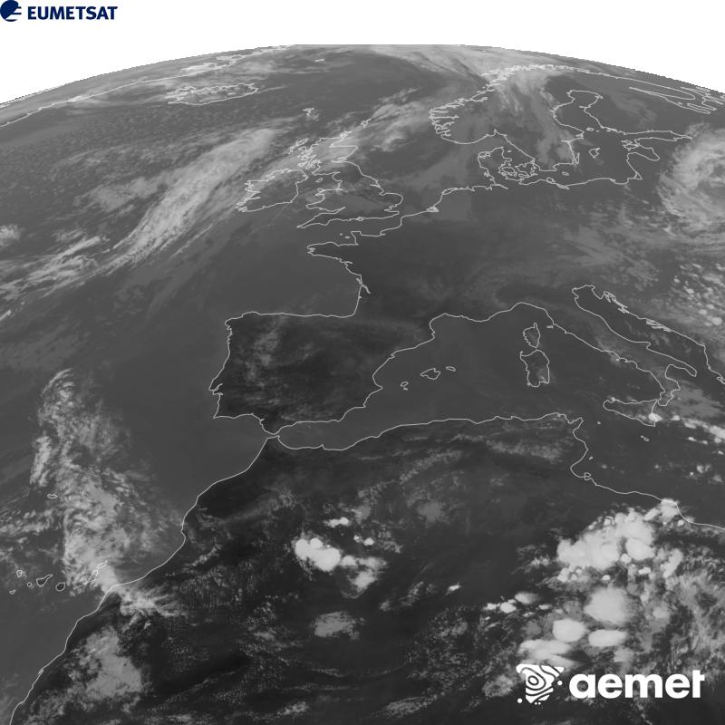 Esta imaxe x�rase utilizando informaci�n da canle Infravermella 10.5 �m do sat�lite METEOSAT-12, pertencente � terceira xeraci�n de sat�lites Meteosat (MTG). Para que a imaxe se asemelle m�is � percepci�n do ollo humano, a escala de grises est� investida. As horas indicadas ref�rense � pen�nsula (unha hora menos nas Illas Canarias).&nbsp;martes, 22 setembro  2026 18:00