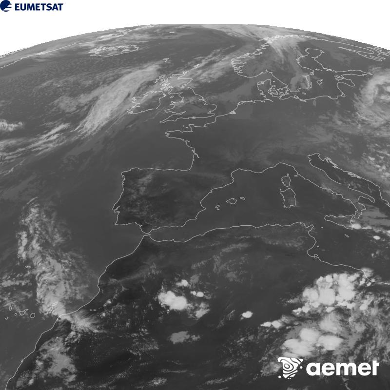 Esta imaxe x�rase utilizando informaci�n da canle Infravermella 10.5 �m do sat�lite METEOSAT-12, pertencente � terceira xeraci�n de sat�lites Meteosat (MTG). Para que a imaxe se asemelle m�is � percepci�n do ollo humano, a escala de grises est� investida. As horas indicadas ref�rense � pen�nsula (unha hora menos nas Illas Canarias).&nbsp;martes, 22 setembro  2026 19:00