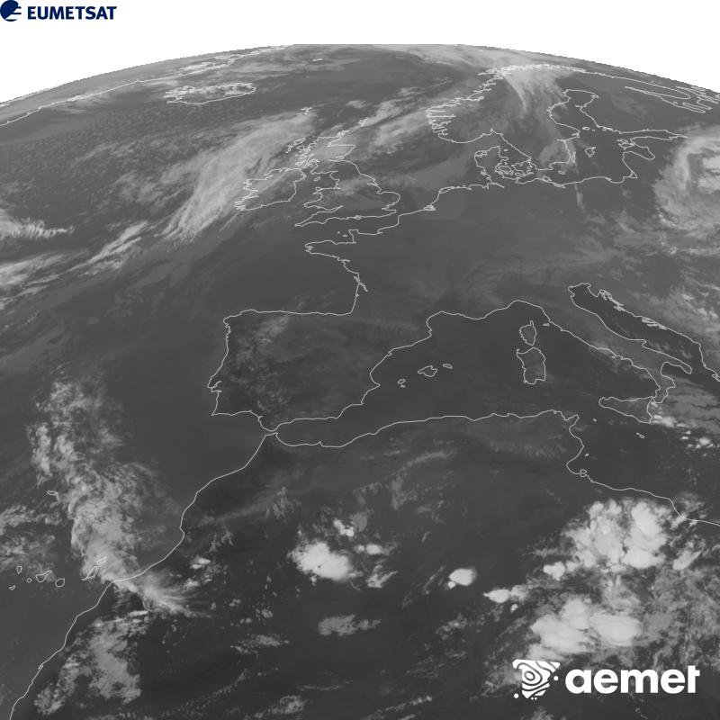 Esta imaxe x�rase utilizando informaci�n da canle Infravermella 10.5 �m do sat�lite METEOSAT-12, pertencente � terceira xeraci�n de sat�lites Meteosat (MTG). Para que a imaxe se asemelle m�is � percepci�n do ollo humano, a escala de grises est� investida. As horas indicadas ref�rense � pen�nsula (unha hora menos nas Illas Canarias).&nbsp;martes, 22 setembro  2026 20:00