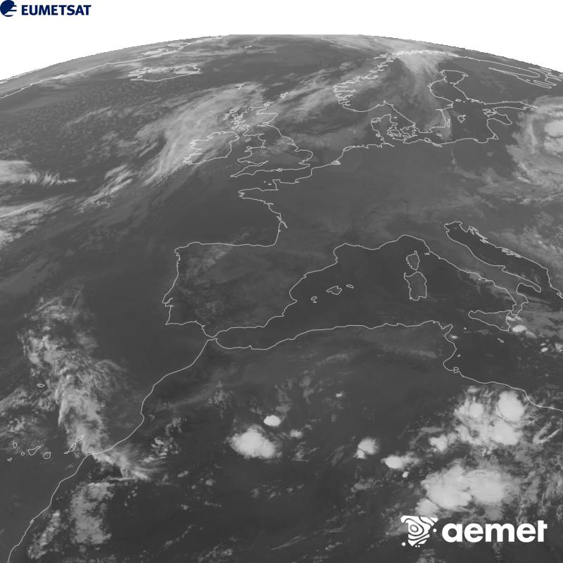 Esta imaxe x�rase utilizando informaci�n da canle Infravermella 10.5 �m do sat�lite METEOSAT-12, pertencente � terceira xeraci�n de sat�lites Meteosat (MTG). Para que a imaxe se asemelle m�is � percepci�n do ollo humano, a escala de grises est� investida. As horas indicadas ref�rense � pen�nsula (unha hora menos nas Illas Canarias).&nbsp;martes, 22 setembro  2026 21:00