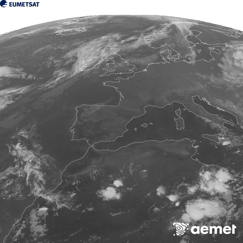 Esta imaxe x�rase utilizando informaci�n da canle Infravermella 10.5 �m do sat�lite METEOSAT-12, pertencente � terceira xeraci�n de sat�lites Meteosat (MTG). Para que a imaxe se asemelle m�is � percepci�n do ollo humano, a escala de grises est� investida. As horas indicadas ref�rense � pen�nsula (unha hora menos nas Illas Canarias).&nbsp;martes, 22 setembro  2026 22:00