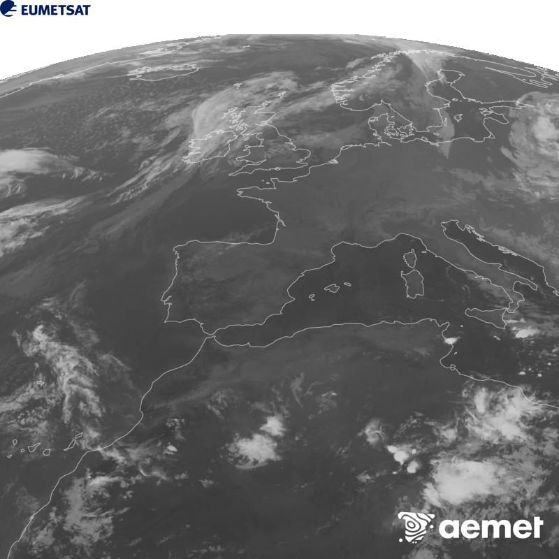 Esta imaxe x�rase utilizando informaci�n da canle Infravermella 10.5 �m do sat�lite METEOSAT-12, pertencente � terceira xeraci�n de sat�lites Meteosat (MTG). Para que a imaxe se asemelle m�is � percepci�n do ollo humano, a escala de grises est� investida. As horas indicadas ref�rense � pen�nsula (unha hora menos nas Illas Canarias).&nbsp;martes, 22 setembro  2026 23:00
