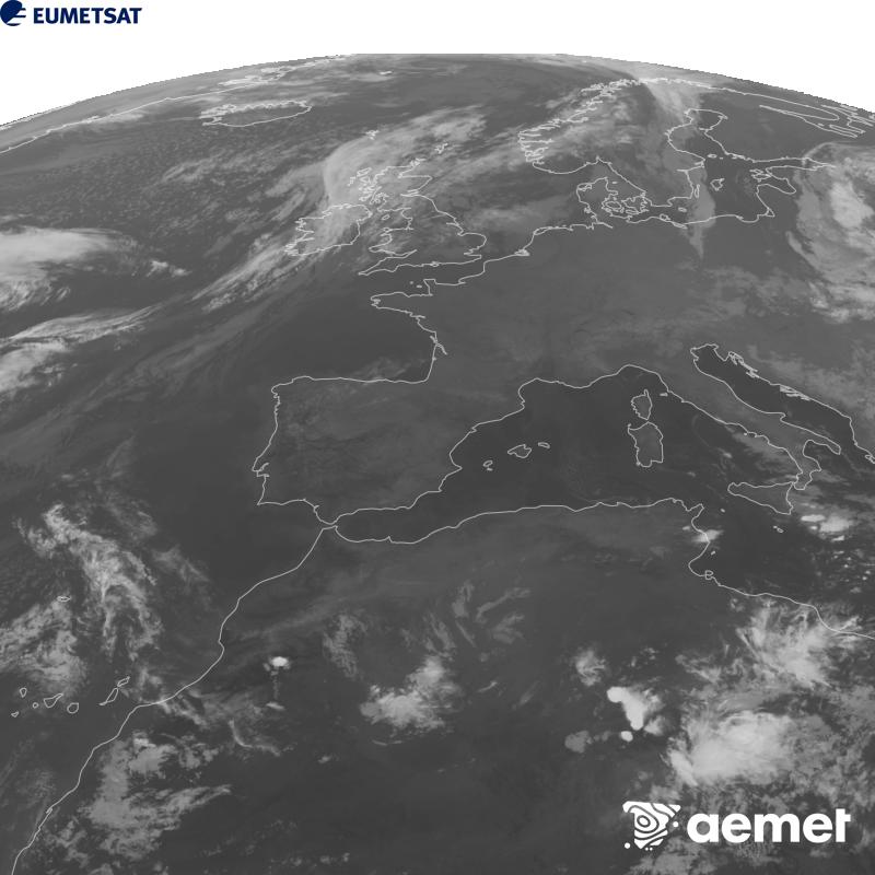 Esta imaxe x�rase utilizando informaci�n da canle Infravermella 10.5 �m do sat�lite METEOSAT-12, pertencente � terceira xeraci�n de sat�lites Meteosat (MTG). Para que a imaxe se asemelle m�is � percepci�n do ollo humano, a escala de grises est� investida. As horas indicadas ref�rense � pen�nsula (unha hora menos nas Illas Canarias).&nbsp;m�rcores, 23 setembro  2026 00:00