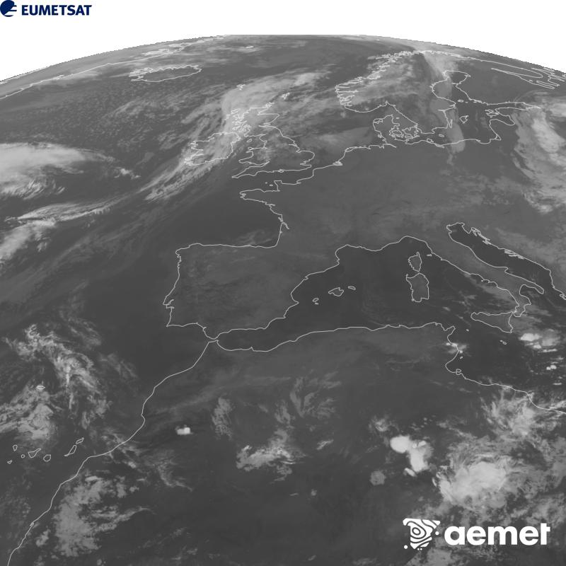 Esta imaxe x�rase utilizando informaci�n da canle Infravermella 10.5 �m do sat�lite METEOSAT-12, pertencente � terceira xeraci�n de sat�lites Meteosat (MTG). Para que a imaxe se asemelle m�is � percepci�n do ollo humano, a escala de grises est� investida. As horas indicadas ref�rense � pen�nsula (unha hora menos nas Illas Canarias).&nbsp;m�rcores, 23 setembro  2026 01:00