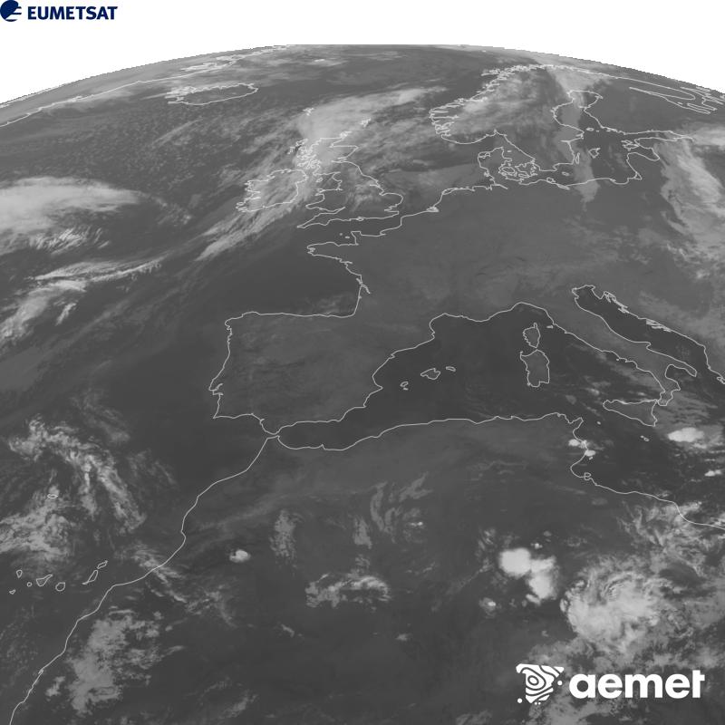 Esta imaxe x�rase utilizando informaci�n da canle Infravermella 10.5 �m do sat�lite METEOSAT-12, pertencente � terceira xeraci�n de sat�lites Meteosat (MTG). Para que a imaxe se asemelle m�is � percepci�n do ollo humano, a escala de grises est� investida. As horas indicadas ref�rense � pen�nsula (unha hora menos nas Illas Canarias).&nbsp;m�rcores, 23 setembro  2026 02:00
