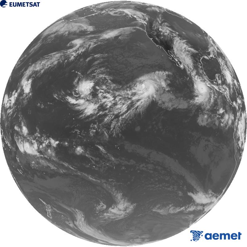 Imagen global del canal infrarrojo (longitud de onda 10.3 �m) del sat�lite estadounidense GOES-18. Las horas indicadas se refieren a la pen�nsula (una hora menos en las Islas Canarias).&nbsp;mi�rcoles, 23 septiembre 2026 a las 02:00