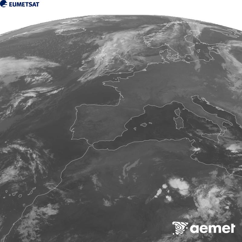 Esta imaxe x�rase utilizando informaci�n da canle Infravermella 10.5 �m do sat�lite METEOSAT-12, pertencente � terceira xeraci�n de sat�lites Meteosat (MTG). Para que a imaxe se asemelle m�is � percepci�n do ollo humano, a escala de grises est� investida. As horas indicadas ref�rense � pen�nsula (unha hora menos nas Illas Canarias).&nbsp;m�rcores, 23 setembro  2026 04:00