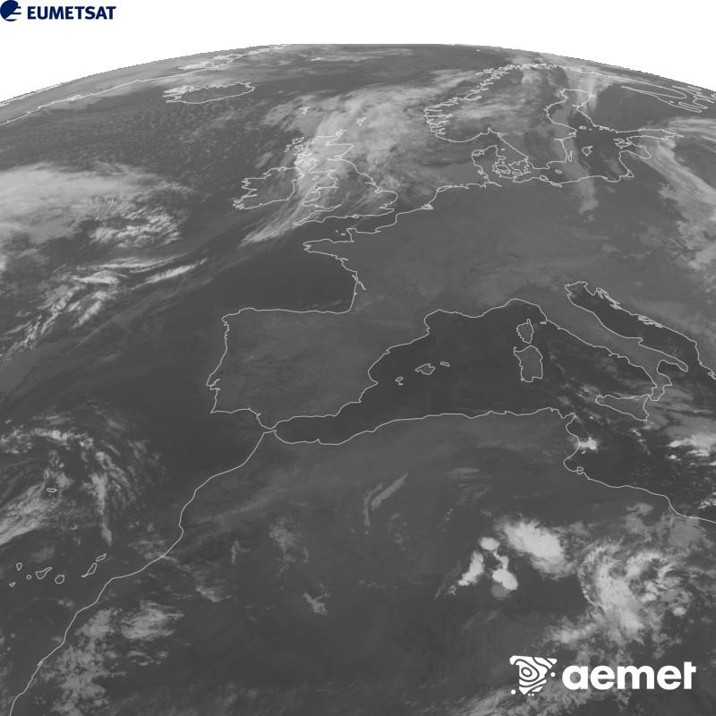 Esta imaxe x�rase utilizando informaci�n da canle Infravermella 10.5 �m do sat�lite METEOSAT-12, pertencente � terceira xeraci�n de sat�lites Meteosat (MTG). Para que a imaxe se asemelle m�is � percepci�n do ollo humano, a escala de grises est� investida. As horas indicadas ref�rense � pen�nsula (unha hora menos nas Illas Canarias).&nbsp;m�rcores, 23 setembro  2026 05:00