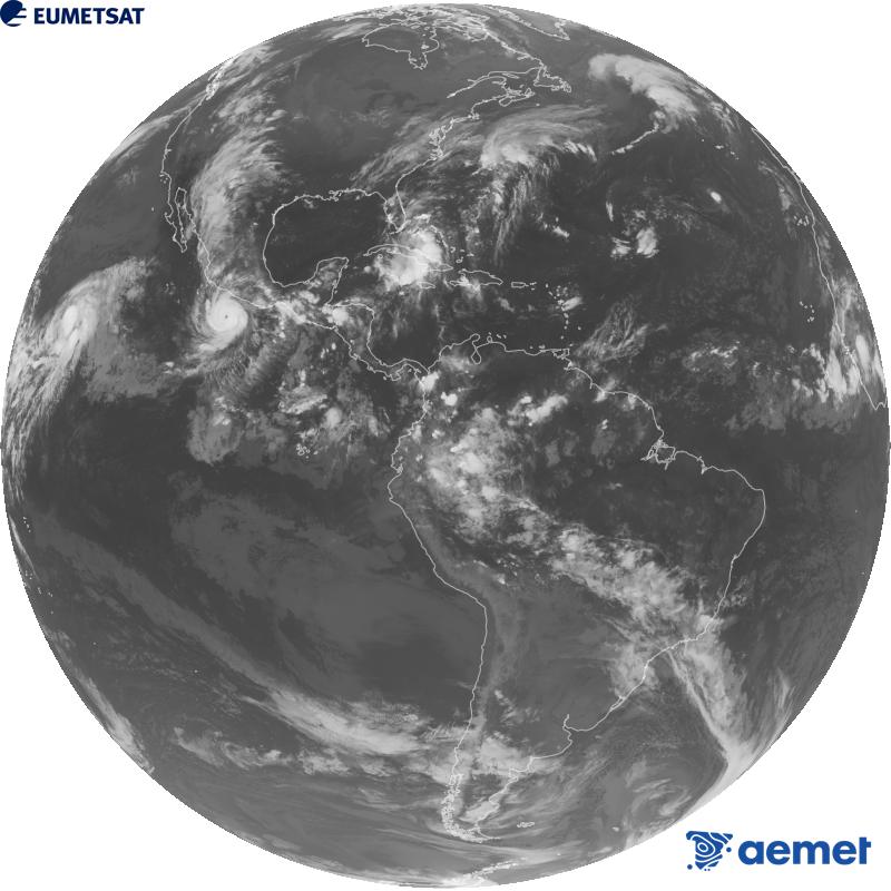 GOES-19 satelite geoegonkorraren kanal infragorriaren irudi globala (10.3 �m uhin-luzera). Ordu horiek penintsulari dagozkio (ordubete gutxiago Kanariar Uharteetan).&nbsp;asteazkena, 2026ko irailak 23, ordua: 05:00