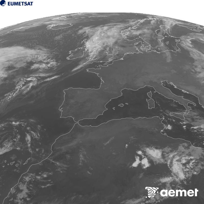 Esta imaxe x�rase utilizando informaci�n da canle Infravermella 10.5 �m do sat�lite METEOSAT-12, pertencente � terceira xeraci�n de sat�lites Meteosat (MTG). Para que a imaxe se asemelle m�is � percepci�n do ollo humano, a escala de grises est� investida. As horas indicadas ref�rense � pen�nsula (unha hora menos nas Illas Canarias).&nbsp;m�rcores, 23 setembro  2026 06:00