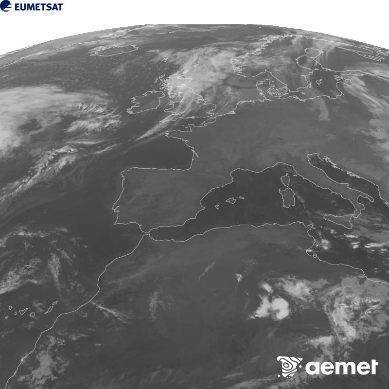 Esta imaxe x�rase utilizando informaci�n da canle Infravermella 10.5 �m do sat�lite METEOSAT-12, pertencente � terceira xeraci�n de sat�lites Meteosat (MTG). Para que a imaxe se asemelle m�is � percepci�n do ollo humano, a escala de grises est� investida. As horas indicadas ref�rense � pen�nsula (unha hora menos nas Illas Canarias).&nbsp;m�rcores, 23 setembro  2026 07:00