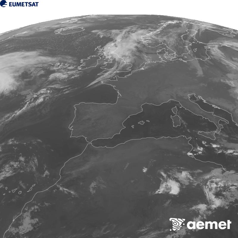 Esta imaxe x�rase utilizando informaci�n da canle Infravermella 10.5 �m do sat�lite METEOSAT-12, pertencente � terceira xeraci�n de sat�lites Meteosat (MTG). Para que a imaxe se asemelle m�is � percepci�n do ollo humano, a escala de grises est� investida. As horas indicadas ref�rense � pen�nsula (unha hora menos nas Illas Canarias).&nbsp;m�rcores, 23 setembro  2026 08:00