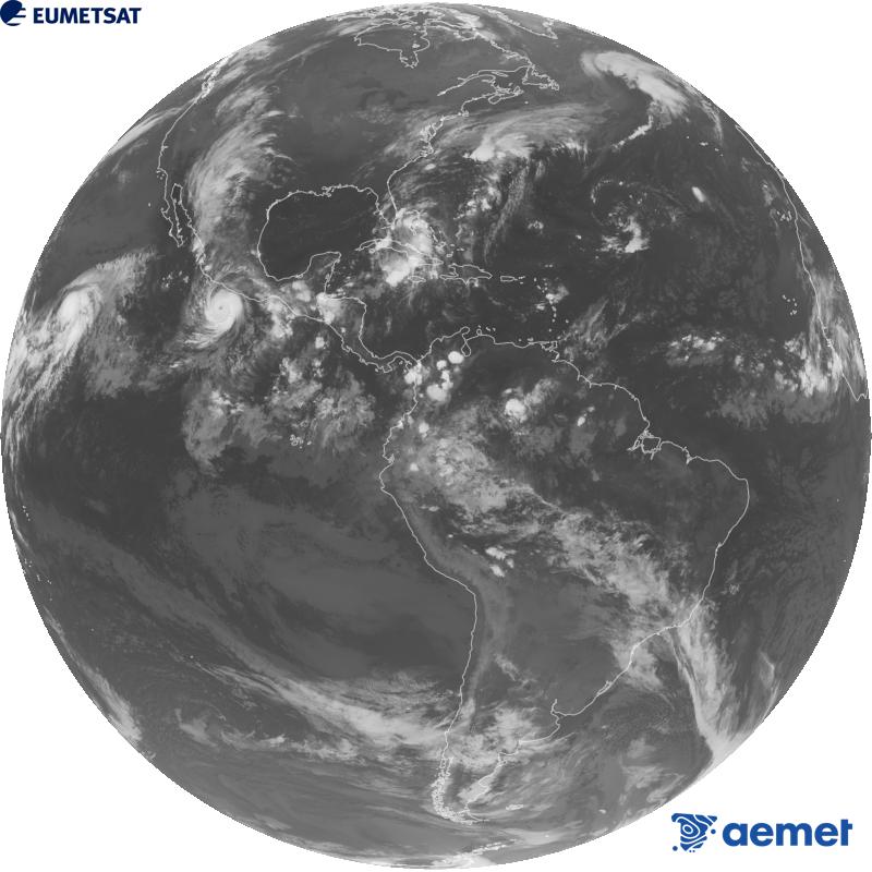 GOES-19 satelite geoegonkorraren kanal infragorriaren irudi globala (10.3 �m uhin-luzera). Ordu horiek penintsulari dagozkio (ordubete gutxiago Kanariar Uharteetan).&nbsp;asteazkena, 2026ko irailak 23, ordua: 08:00