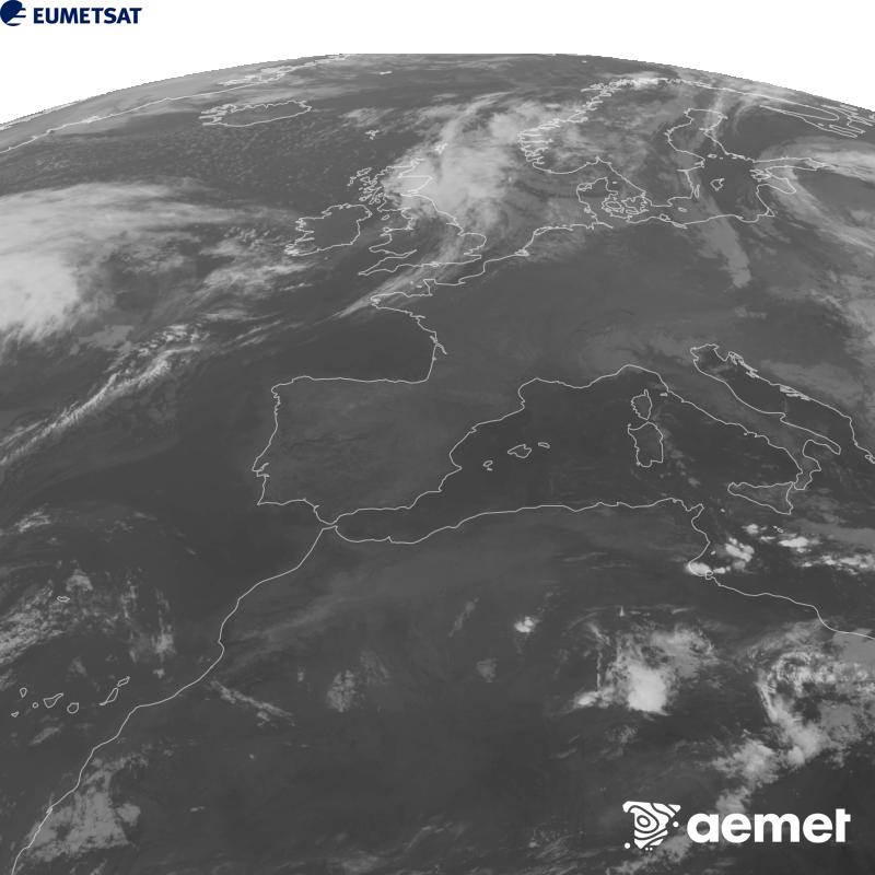 Esta imaxe x�rase utilizando informaci�n da canle Infravermella 10.5 �m do sat�lite METEOSAT-12, pertencente � terceira xeraci�n de sat�lites Meteosat (MTG). Para que a imaxe se asemelle m�is � percepci�n do ollo humano, a escala de grises est� investida. As horas indicadas ref�rense � pen�nsula (unha hora menos nas Illas Canarias).&nbsp;m�rcores, 23 setembro  2026 09:00