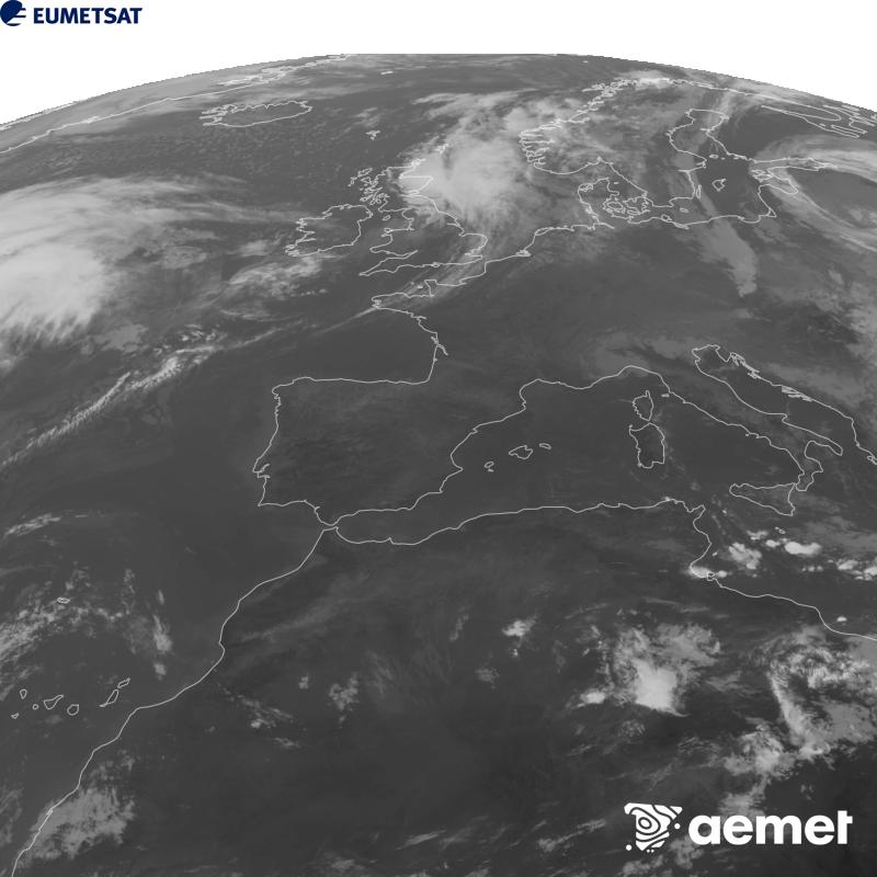 Esta imaxe x�rase utilizando informaci�n da canle Infravermella 10.5 �m do sat�lite METEOSAT-12, pertencente � terceira xeraci�n de sat�lites Meteosat (MTG). Para que a imaxe se asemelle m�is � percepci�n do ollo humano, a escala de grises est� investida. As horas indicadas ref�rense � pen�nsula (unha hora menos nas Illas Canarias).&nbsp;m�rcores, 23 setembro  2026 10:00