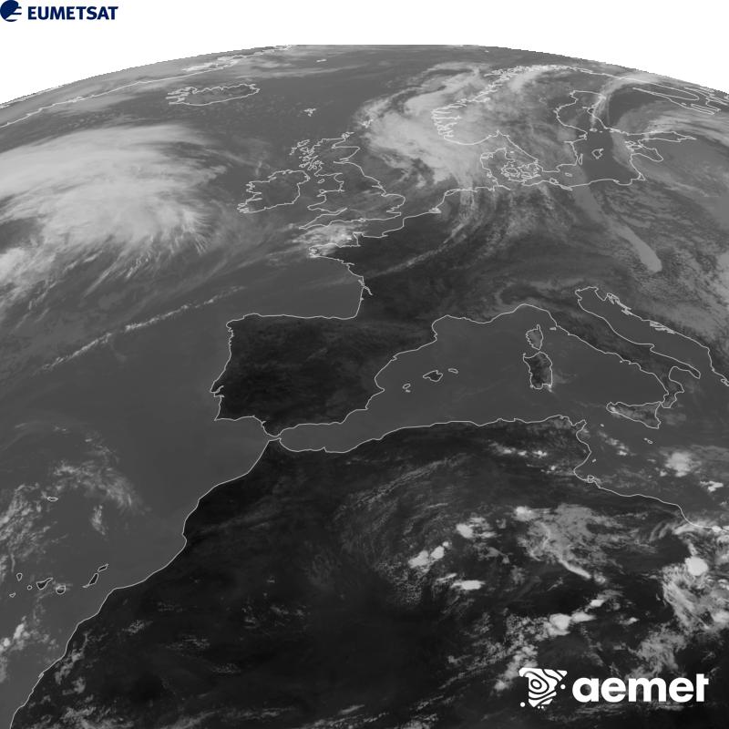Esta imaxe x�rase utilizando informaci�n da canle Infravermella 10.5 �m do sat�lite METEOSAT-12, pertencente � terceira xeraci�n de sat�lites Meteosat (MTG). Para que a imaxe se asemelle m�is � percepci�n do ollo humano, a escala de grises est� investida. As horas indicadas ref�rense � pen�nsula (unha hora menos nas Illas Canarias).&nbsp;m�rcores, 23 setembro  2026 15:00